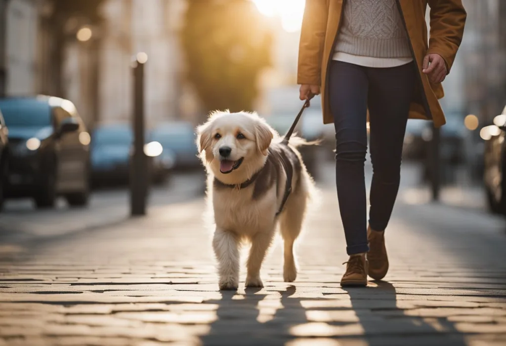 Cachorro idoso em uma caminhada curta com seu tutor