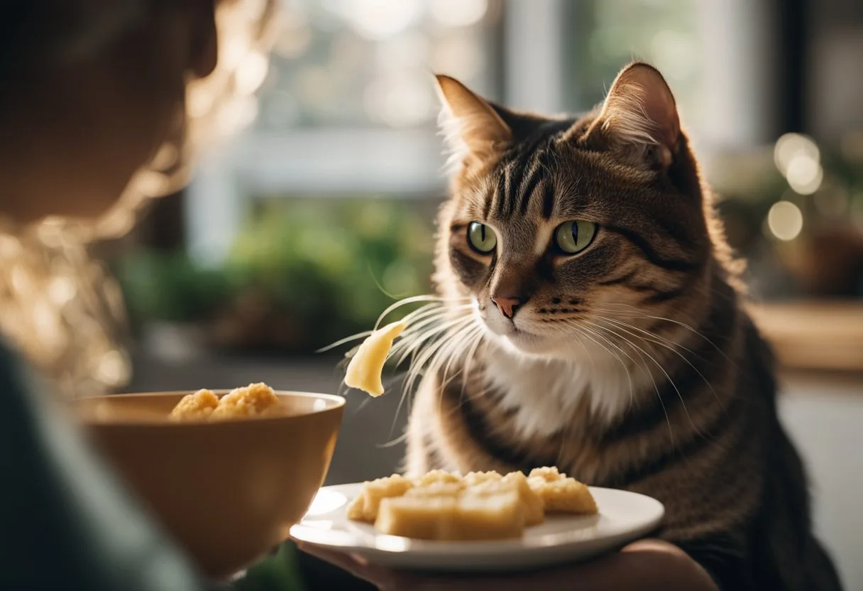 Um gato idoso com um sistema imunológico enfraquecido sendo alimentado com comida funcional por um cuidador em um ambiente aconchegante.
