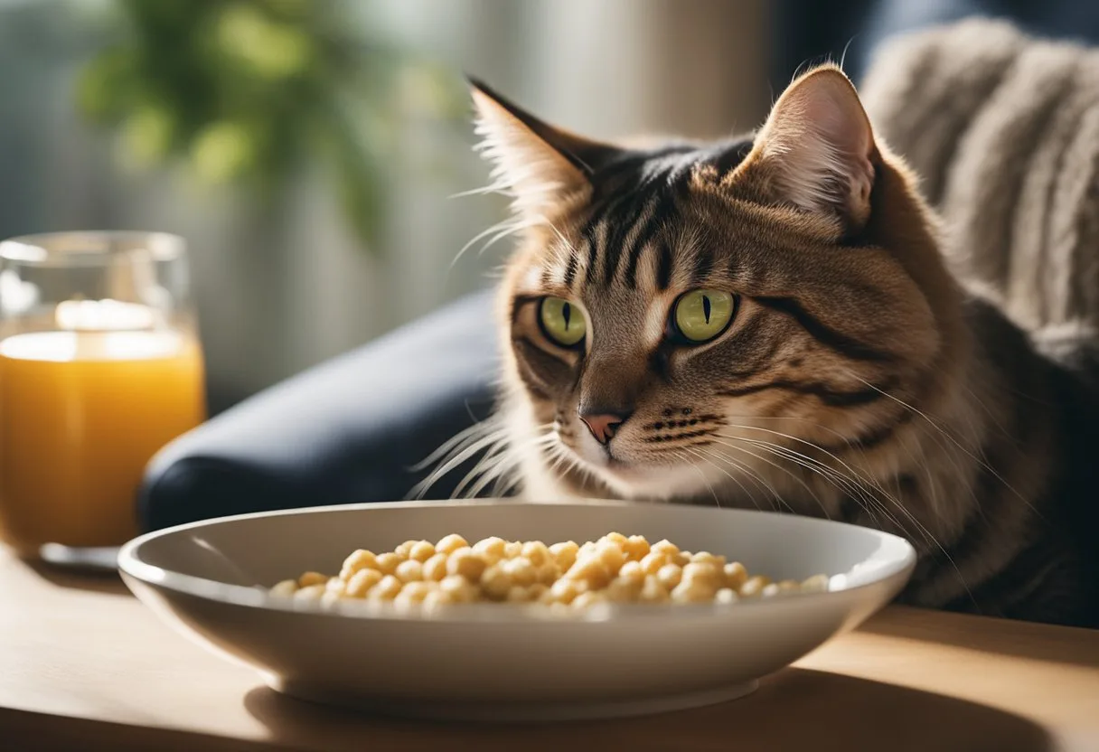 Um gato idoso com um sistema imunológico enfraquecido come ansiosamente de uma tigela de comida funcional, cercado por um ambiente de sala de estar pacífico e aconchegante.
