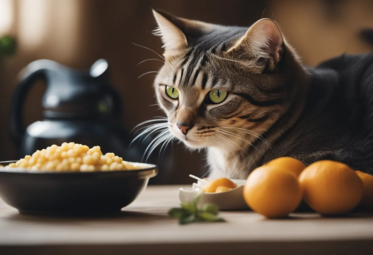 Um gato idoso com um sistema imunológico enfraquecido está comendo de uma tigela de comida funcional, cercado por um ambiente pacífico e confortável.