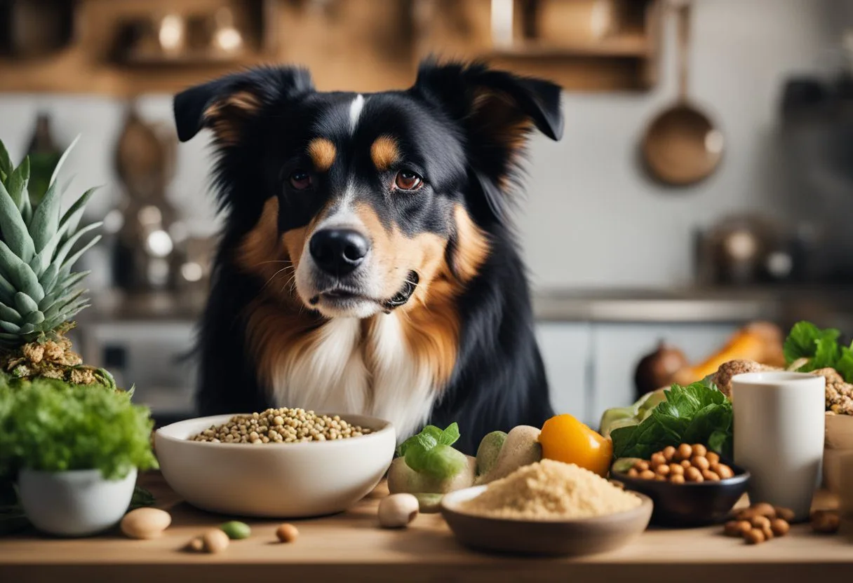 Um cachorro com artrite e dor crônica comendo comida anti-inflamatória de uma tigela, cercado por vários ingredientes naturais e suplementos.