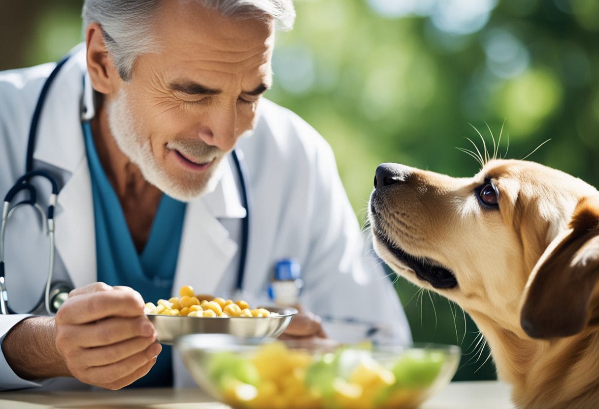 Um cachorro com artrite comendo de uma tigela de comida anti-inflamatória, enquanto um veterinário discute opções de tratamento com o dono do cachorro.
