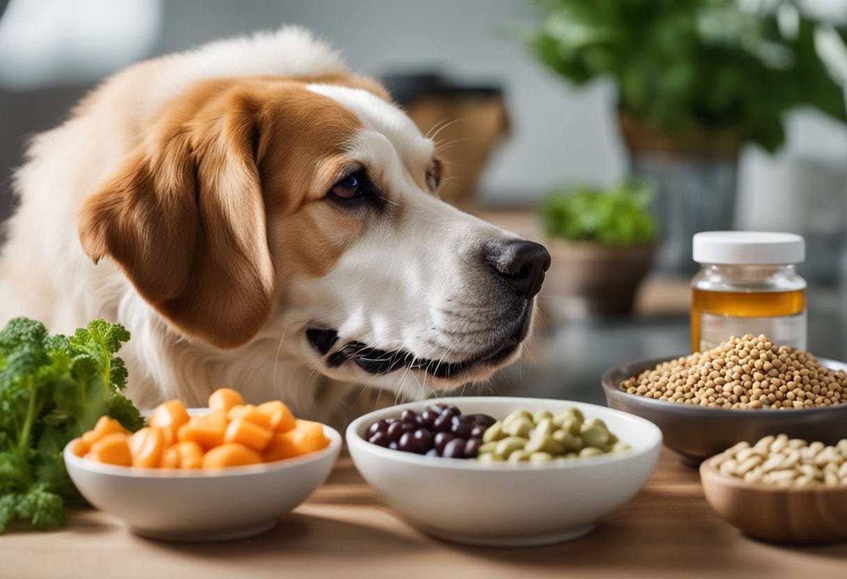Um cachorro com artrite e dor crônica comendo de uma tigela cheia de comida anti-inflamatória, cercado por vários ingredientes saudáveis e suplementos.