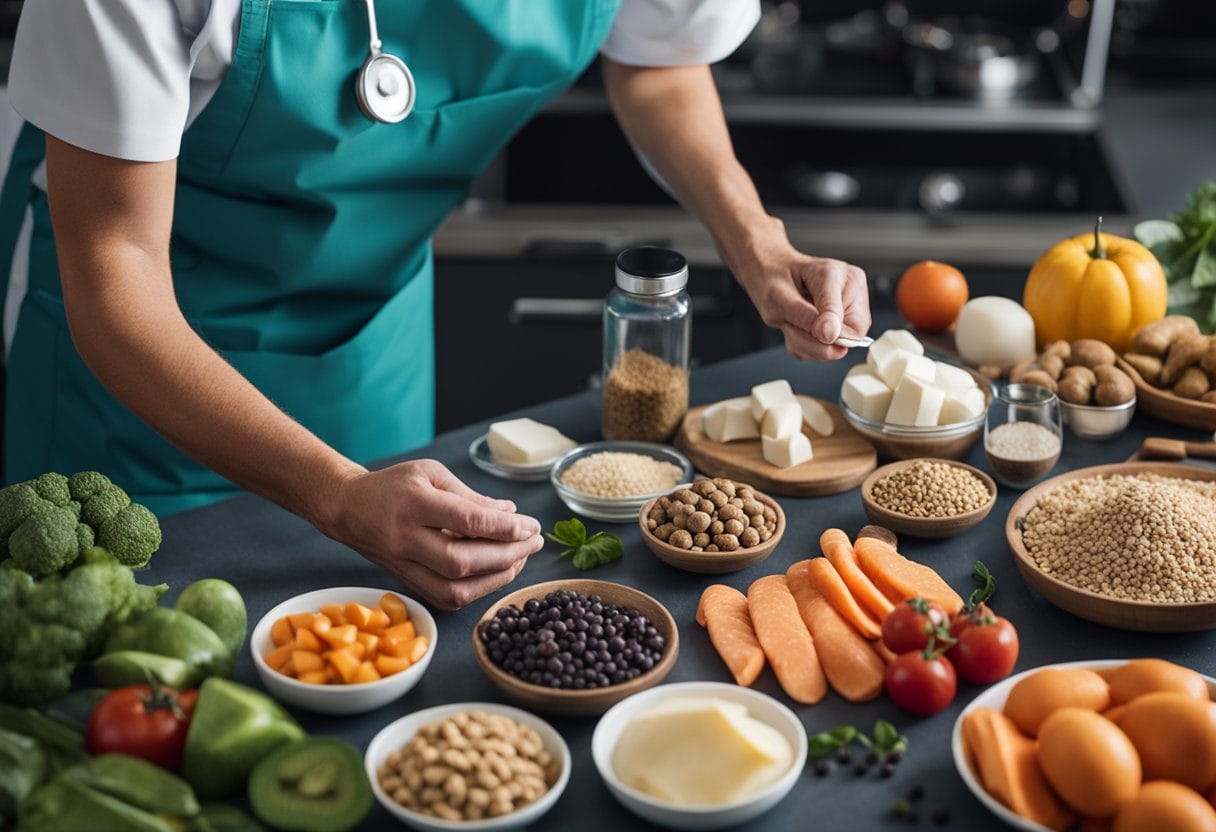 Um veterinário preparando uma dieta anti-inflamatória especializada para cães artríticos, cercado por vários ingredientes saudáveis e suplementos.