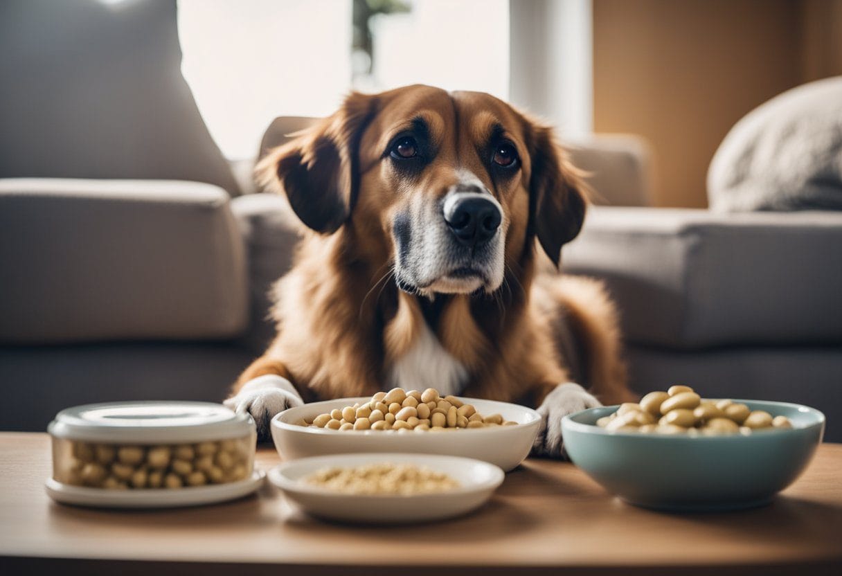 Um cachorro com artrite e dor crônica comendo comida anti-inflamatória de um recipiente elevado, cercado por suplementos de suporte e uma cama confortável.