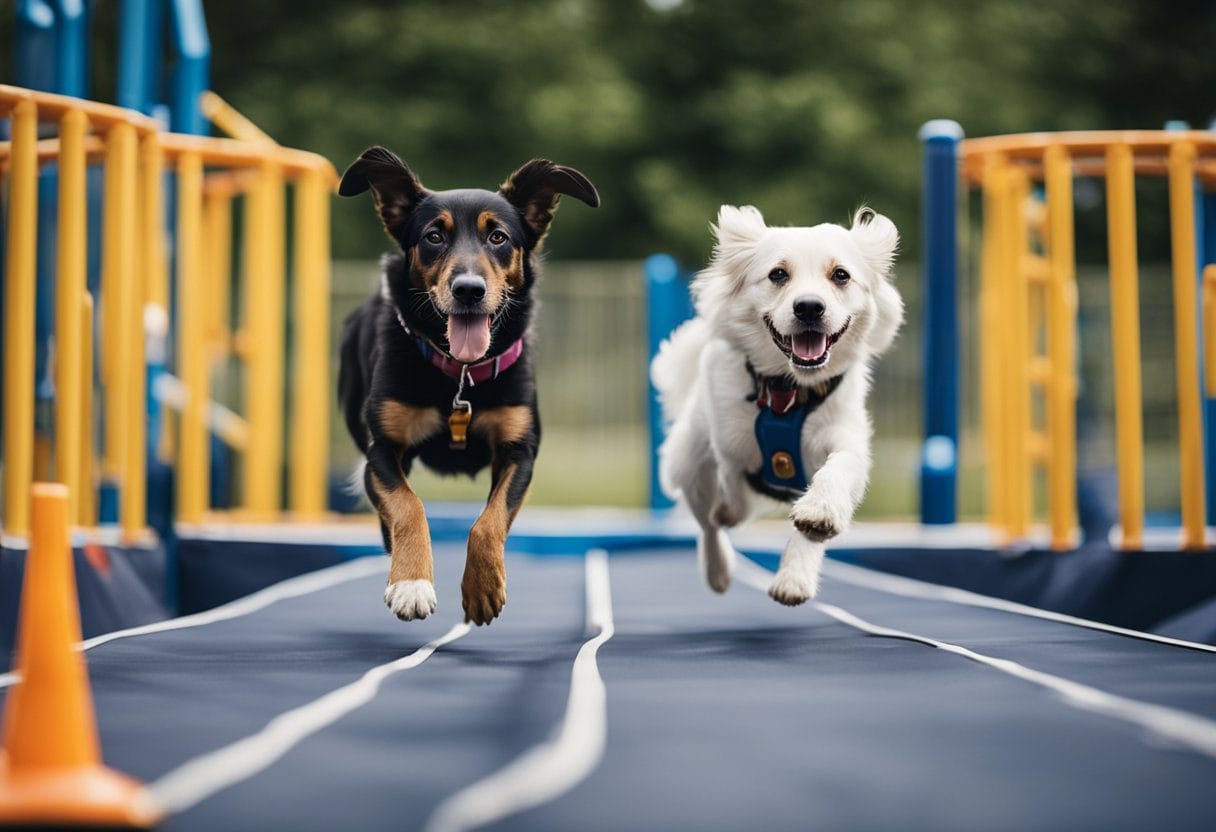 Um cachorro idoso navega por um percurso de obstáculos com a ajuda de um treinador, usando rampas, túneis e vigas de equilíbrio para melhorar a coordenação motora.
