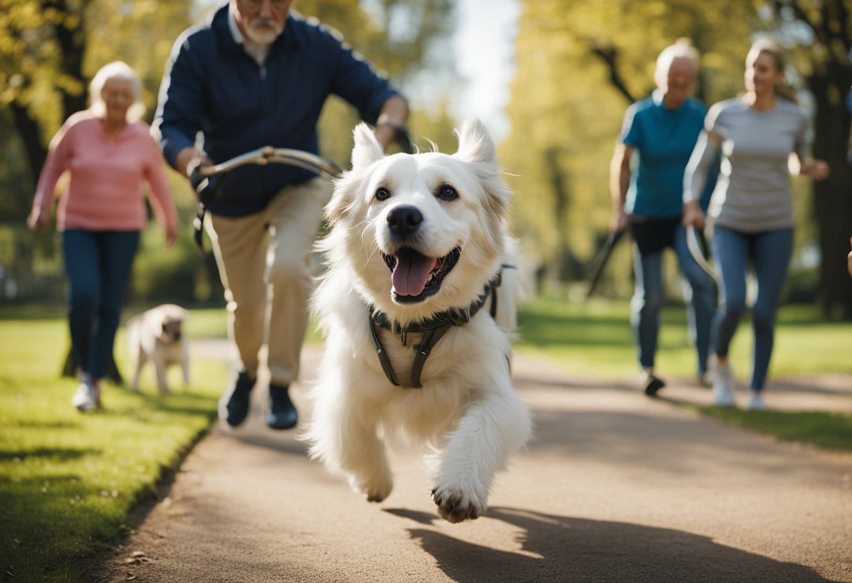 Um cachorro idoso luta para manter o equilíbrio enquanto caminha, mostrando sinais de perda de coordenação motora. Um treinador ajuda o cachorro em exercícios de reabilitação.