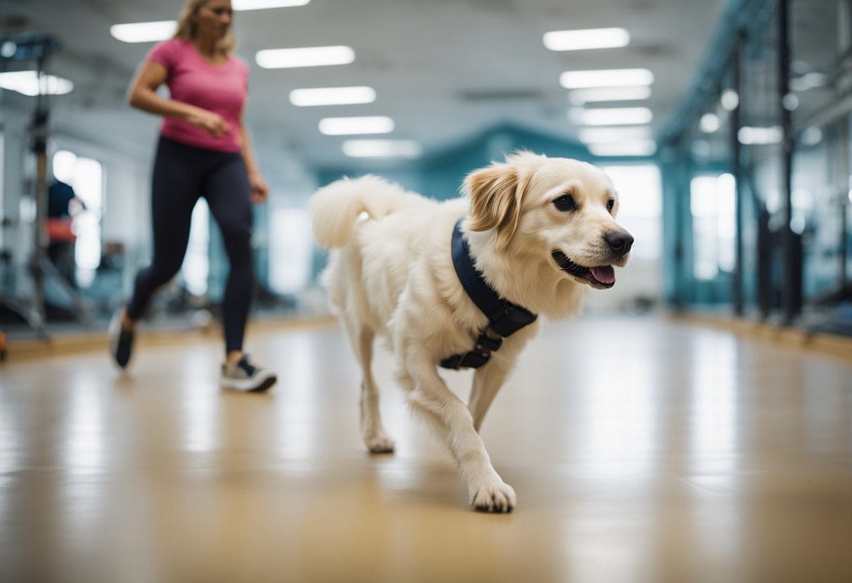 Um cão idoso com perda de coordenação motora é guiado por um profissional veterinário em exercícios de treinamento de mobilidade em uma instalação de reabilitação espaçosa e bem iluminada.