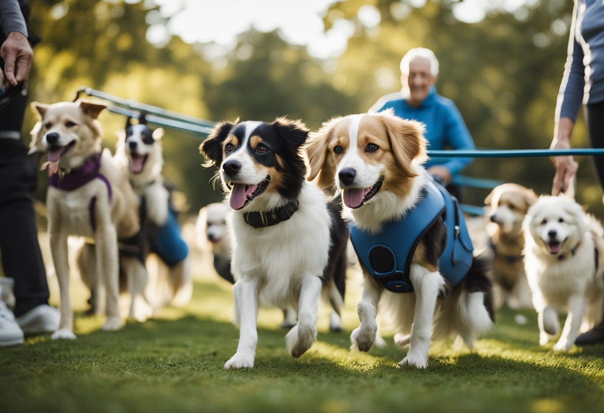 Um grupo de cães idosos com problemas de mobilidade passa por treinamento de reabilitação, utilizando equipamentos especializados para melhorar sua coordenação e movimento.