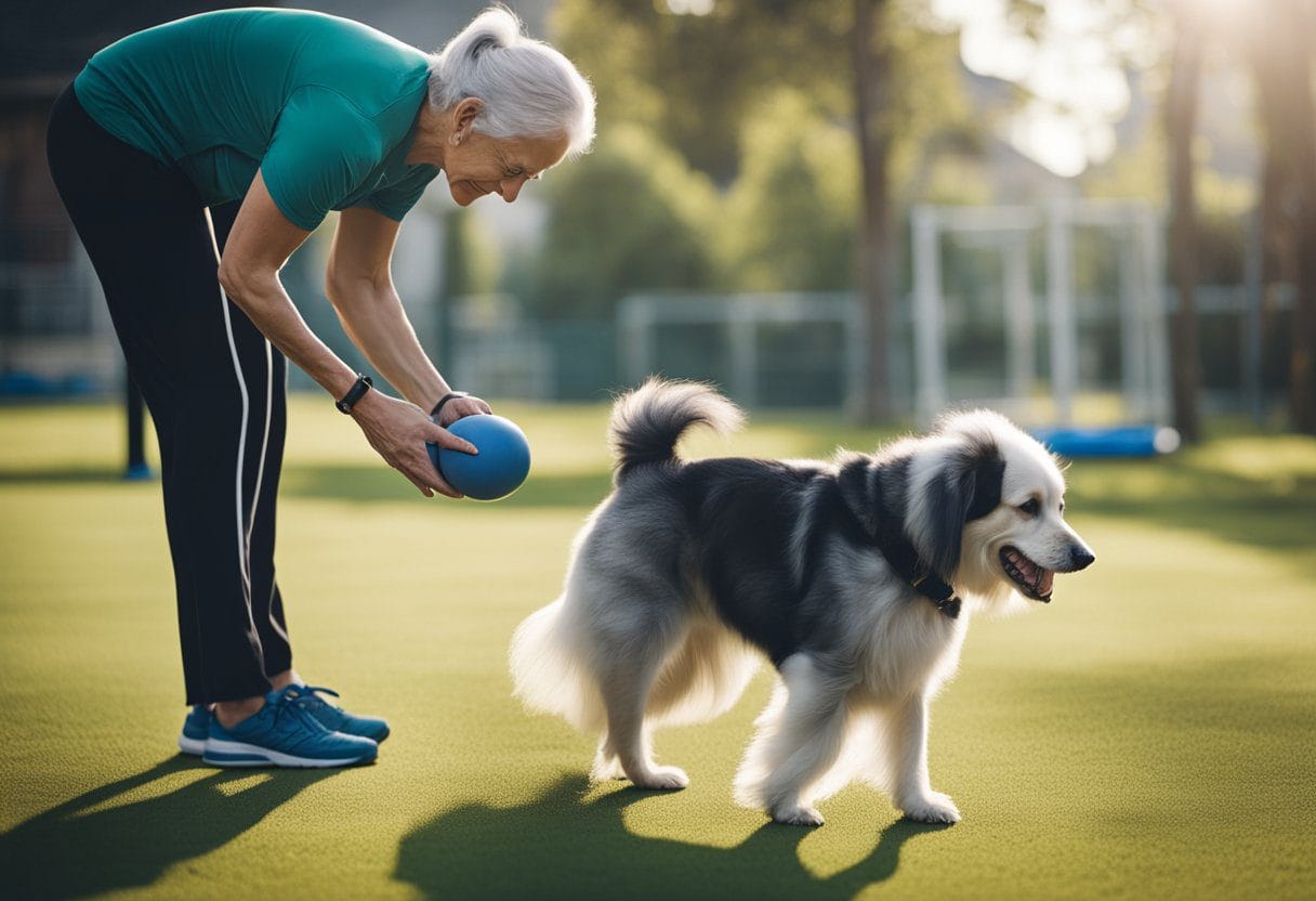 Um cachorro idoso recebendo fisioterapia com um treinador, utilizando exercícios de equilíbrio e coordenação para melhorar a qualidade de vida.