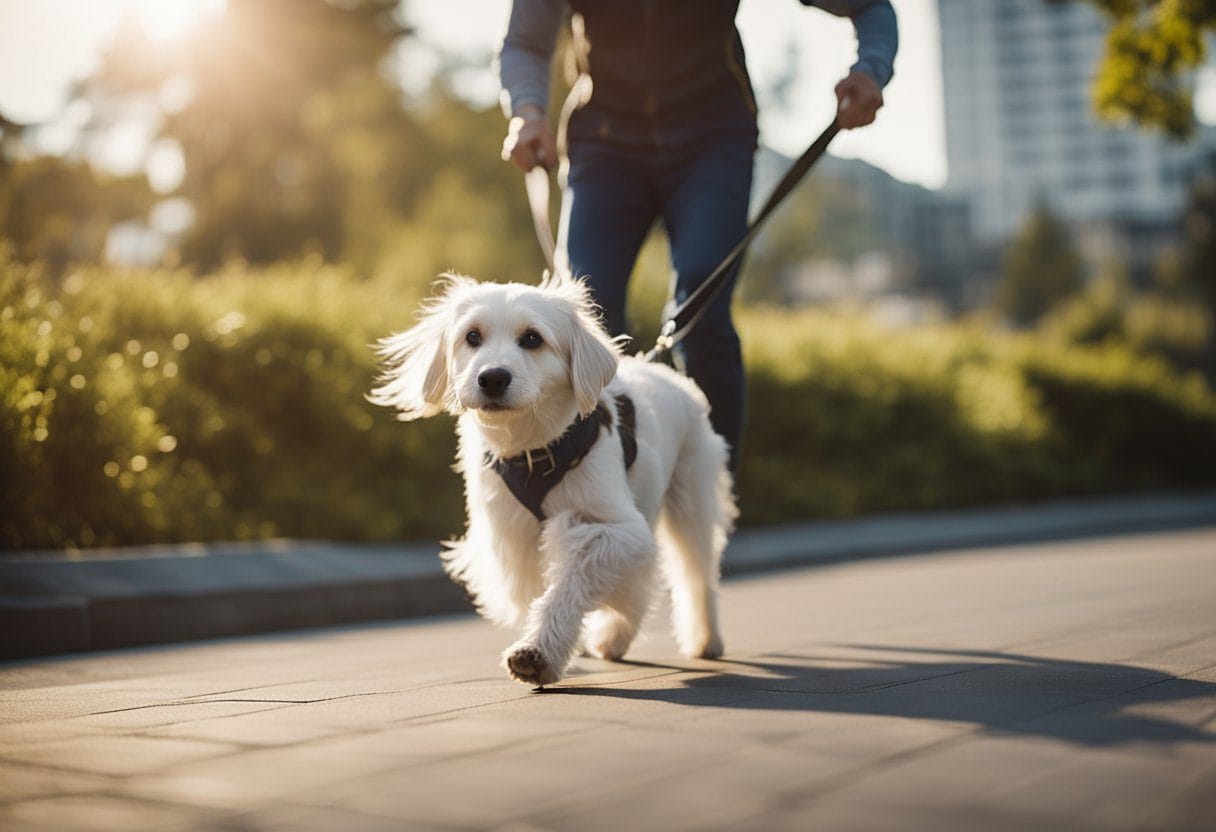 Um cachorro idoso está caminhando em uma superfície acolchoada, guiado por um treinador que usa suporte gentil para ajudar a melhorar sua coordenação e mobilidade.