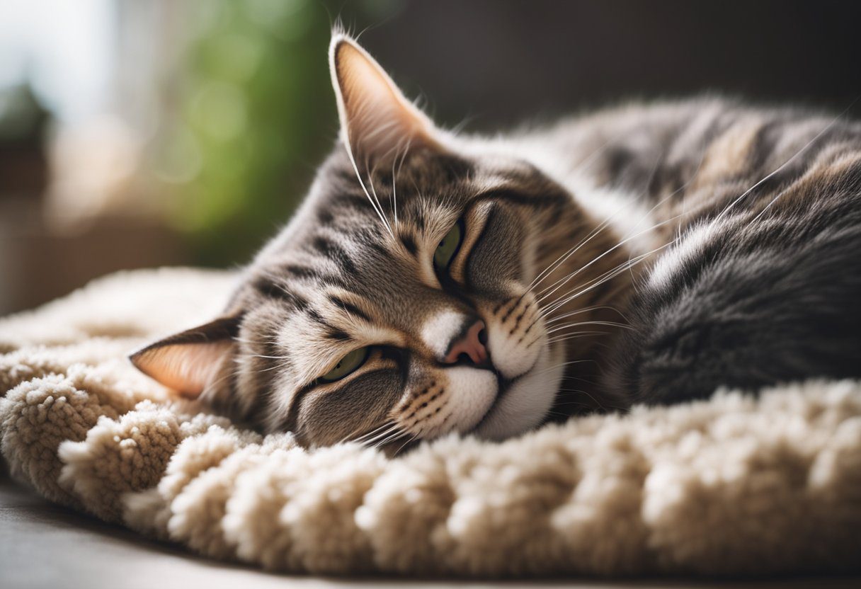 Um gato idoso dormindo pacificamente em um travesseiro ergonômico e macio, projetado para máximo conforto