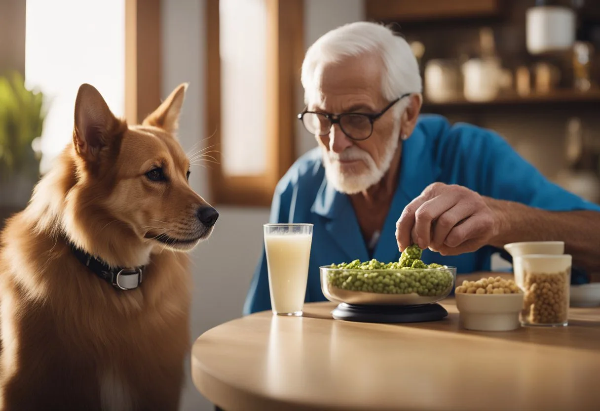 Um cachorro e um gato idosos comendo ração especializada para diabéticos de tigelas separadas, com um veterinário supervisionando a refeição deles.