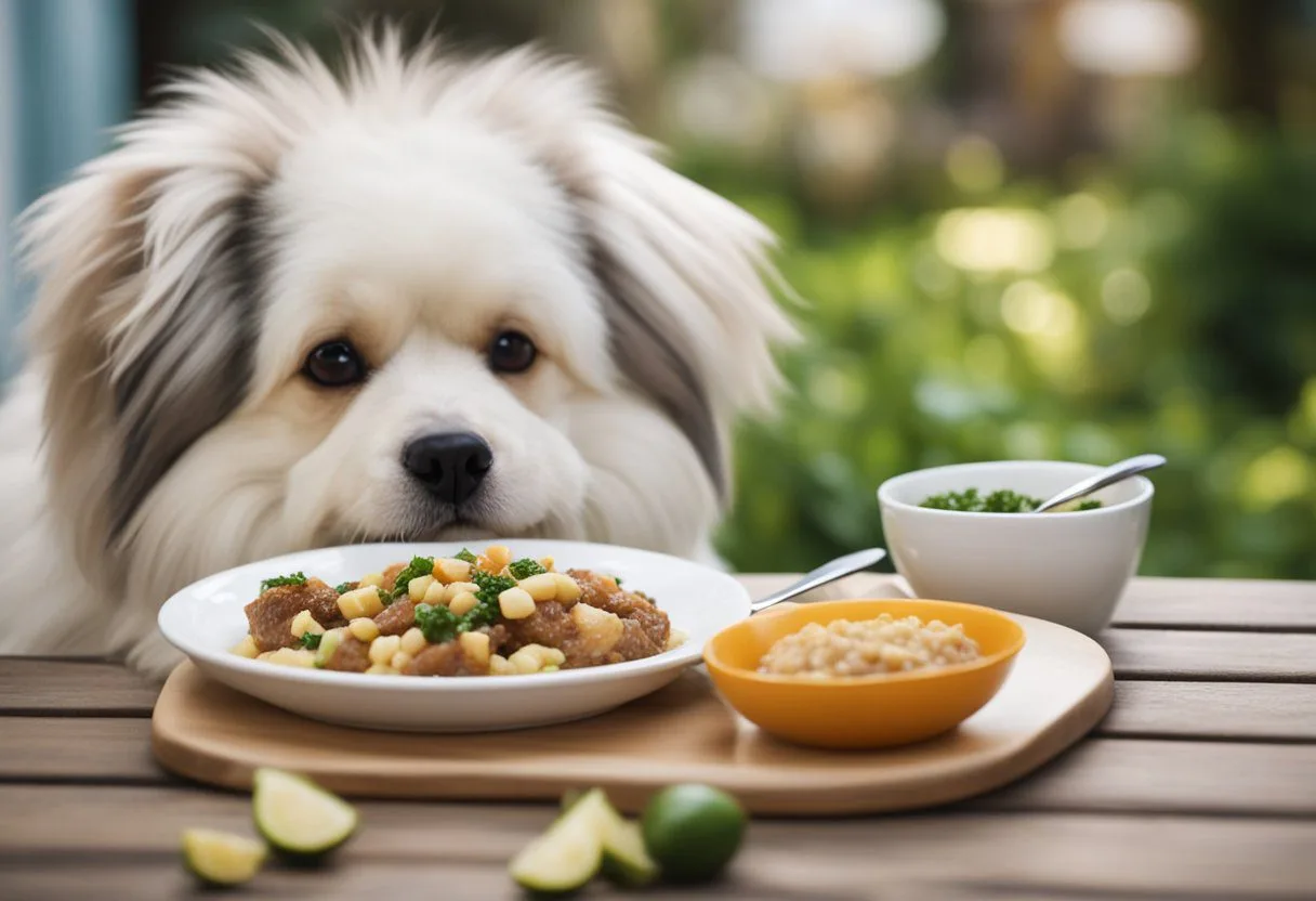 Um cachorro e um gato idosos com diabetes comendo refeições especialmente preparadas, com ajustes nutricionais destacados.