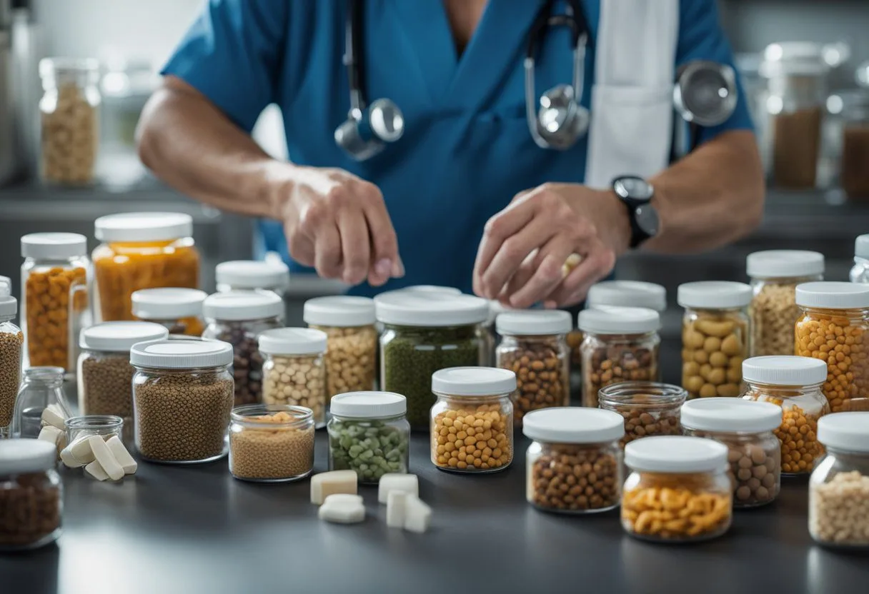 Um veterinário mede cuidadosamente porções de ração especializada para pets diabéticos, cercado por frascos de suplementos e um gráfico detalhando ajustes nutricionais.