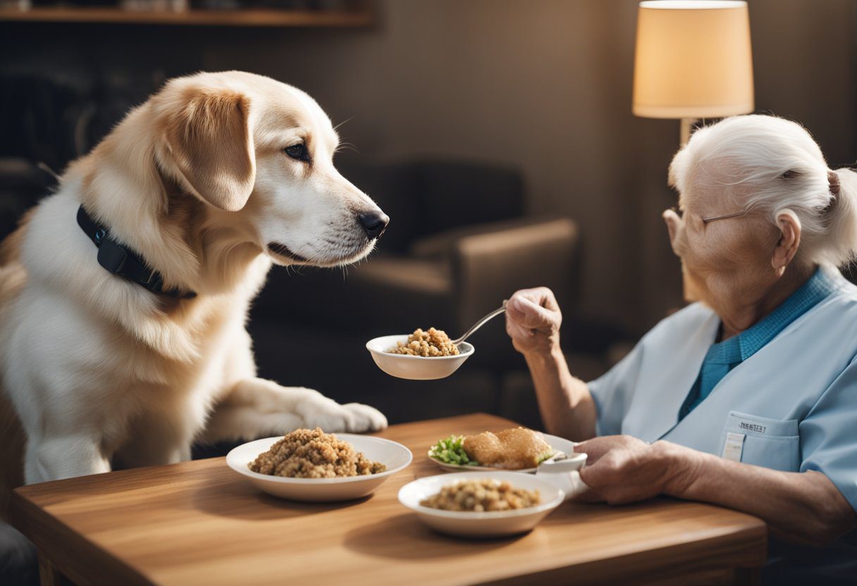 Um cão e um gato idosos com diabetes sendo alimentados com uma refeição especializada enquanto os níveis de insulina são monitorados.