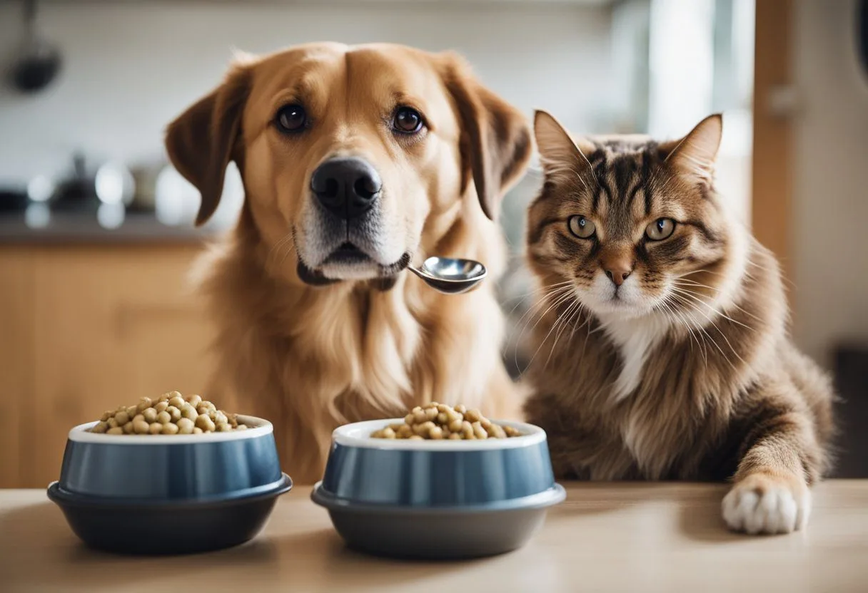 Um cachorro e um gato idosos comendo de tigelas separadas com comida especializada para diabéticos, enquanto um veterinário monitora a saúde bucal e a hidratação deles.