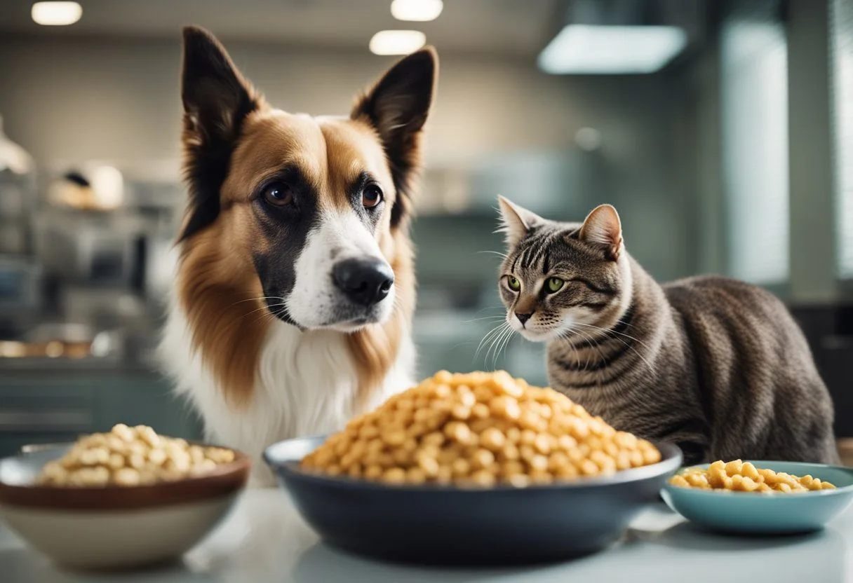 Um cachorro e um gato idosos com diabetes comendo ração especializada de tigelas separadas, enquanto um veterinário monitora seus ajustes nutricionais.