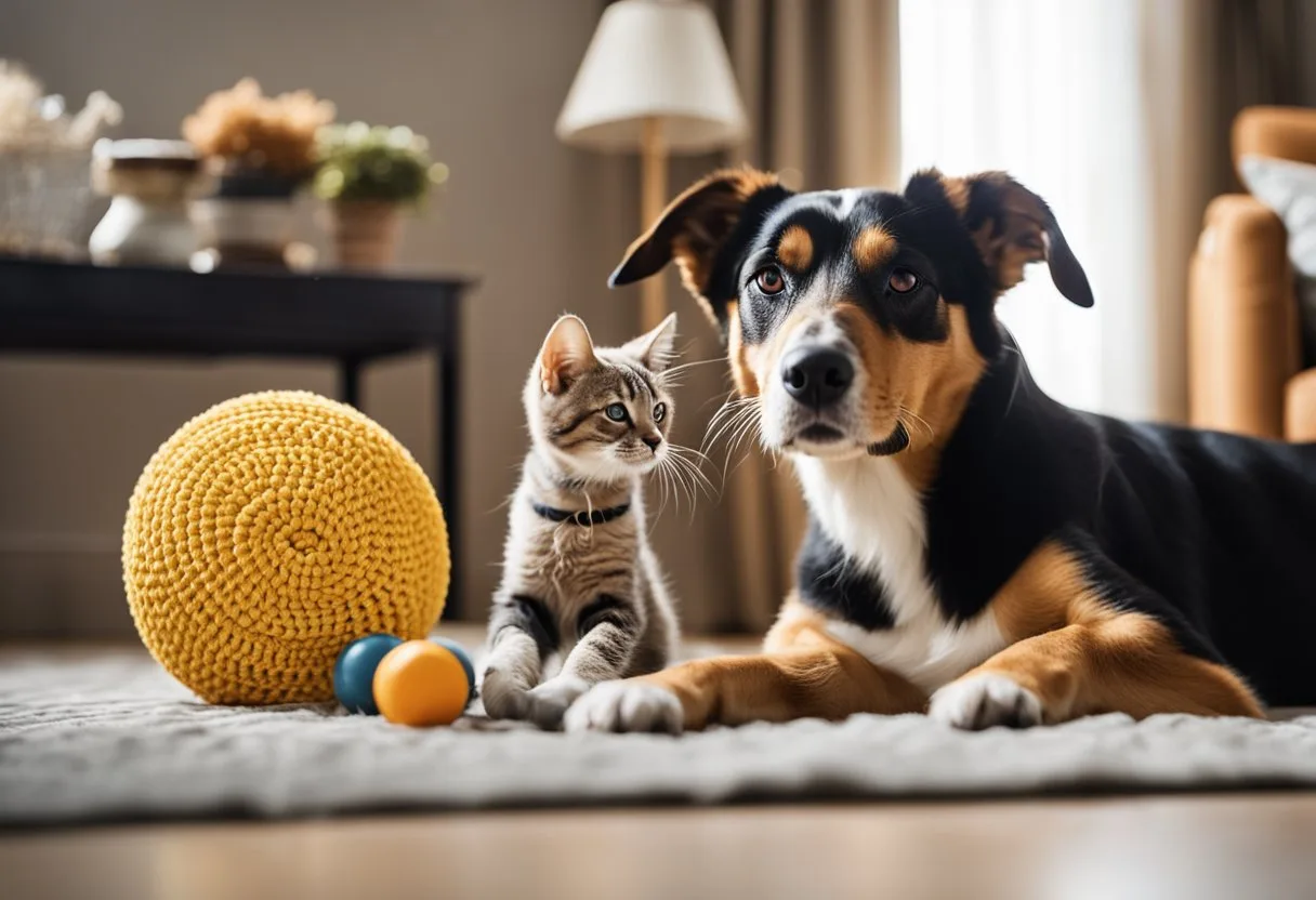 Um cachorro e um gato idosos brincam com brinquedos interativos em uma sala de estar ensolarada, cheia de camas confortáveis e quebra-cabeças estimulantes.