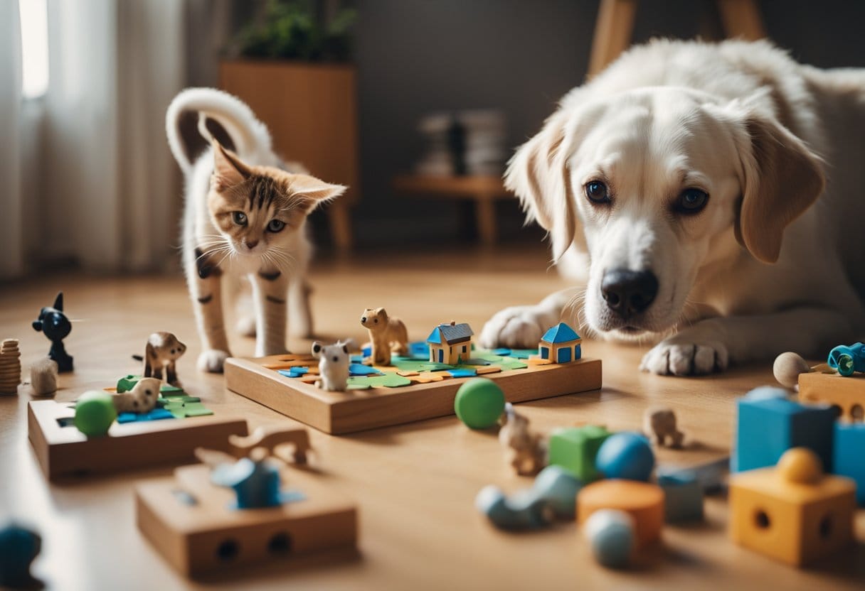 Um cão e um gato idosos se envolvem em atividades lúdicas e estimulação cognitiva, cercados por brinquedos e quebra-cabeças interativos.
