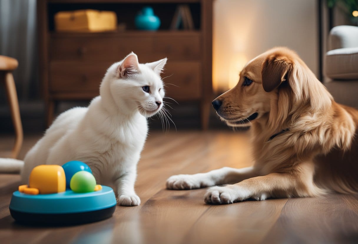 Um cachorro e um gato idosos participam de jogos cognitivos e brincam com brinquedos estimulantes em um ambiente aconchegante de sala de estar.