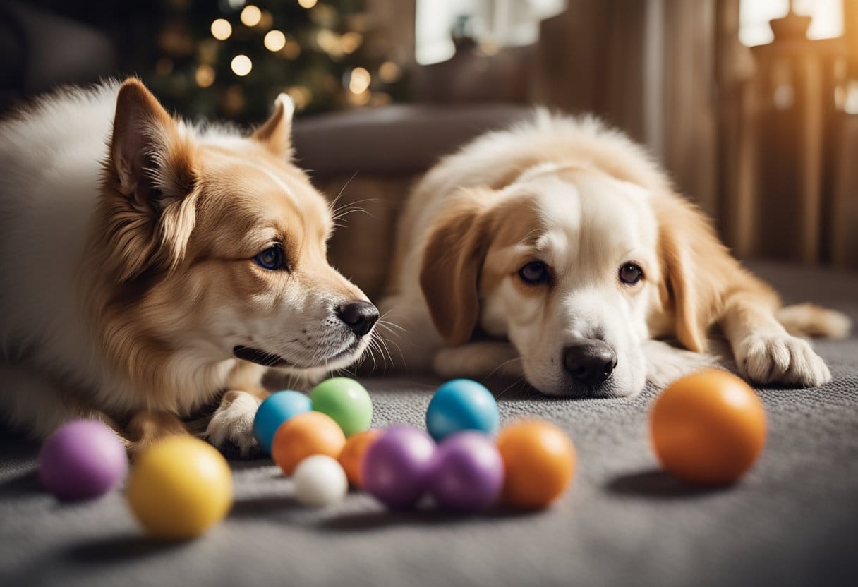 Um cachorro e um gato idosos participam de atividades lúdicas, cercados por brinquedos de estimulação cognitiva e jogos interativos, promovendo a interação social e reduzindo o isolamento.
