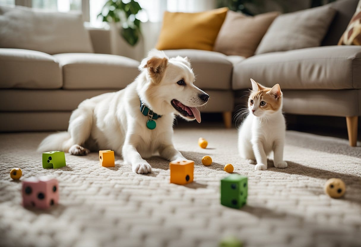 Um cachorro e um gato idosos participam de atividades lúdicas, resolvendo quebra-cabeças e desfrutando de brinquedos interativos em uma sala de estar iluminada e espaçosa.